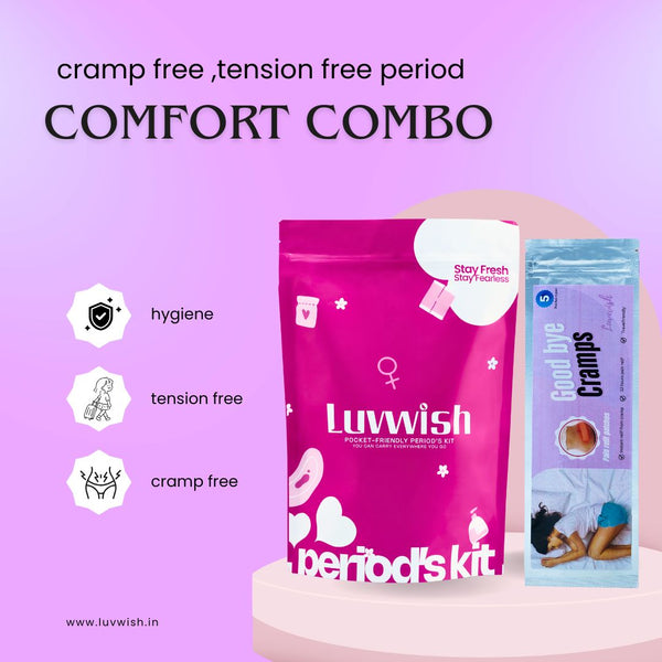 Luvwish Comfort Combo – Period Kit with Hygiene Essentials & Goodbye Cramps Relief Patches for Women | Cramp Free, Tension Free & Pocket-Friendly Period Care
